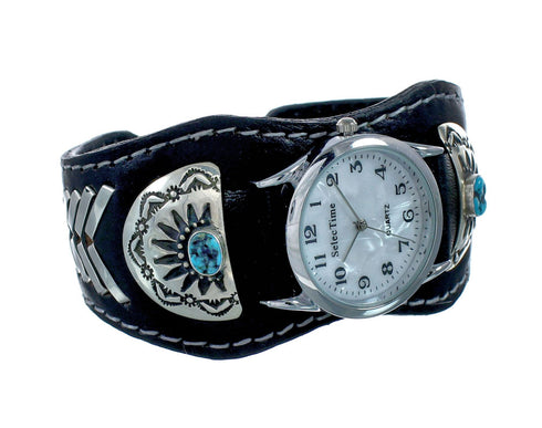 Navajo Turquoise Sterling Silver And Leather Cuff Watch SN20313